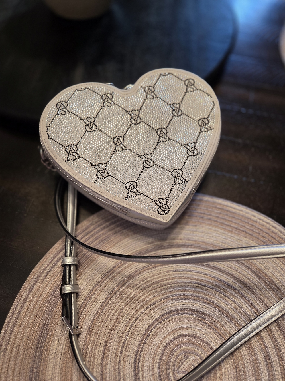 Heart-Shaped Crossbody Bag in Silver with Crystal Detail, Victoria Secret